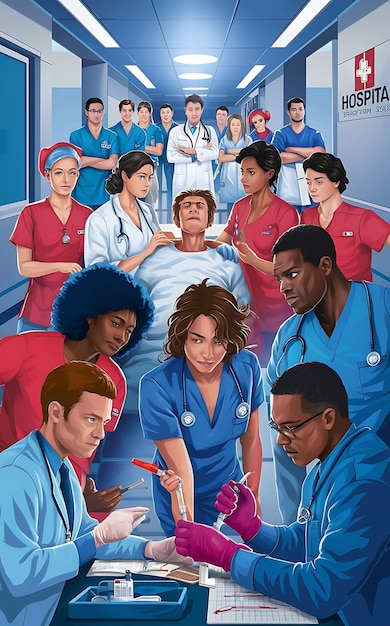 Photo a poster of a medical team with a nurse in the background