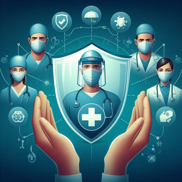 Photo a poster of medical workers holding a shield with medical icons in the background