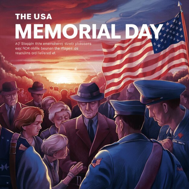 A poster for the memorial day of the united states with a flag and people in the background