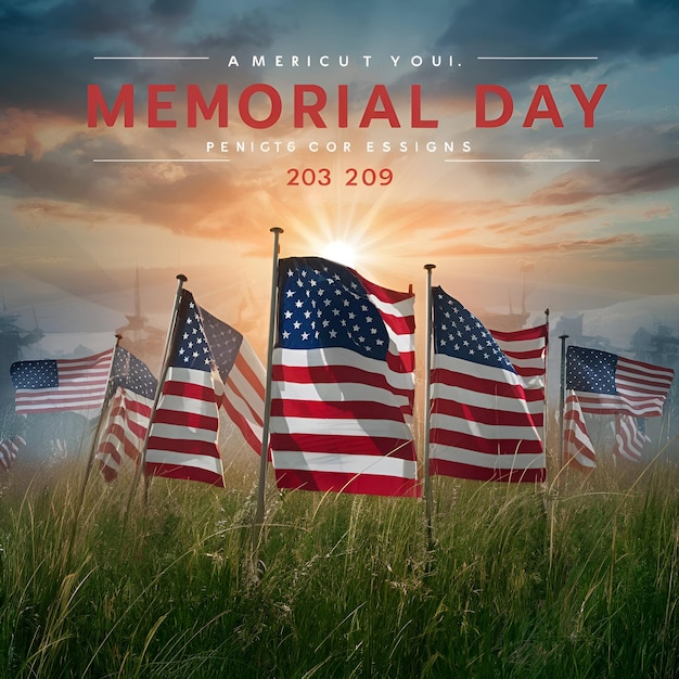 a poster for memorial day with a field of grass and flags