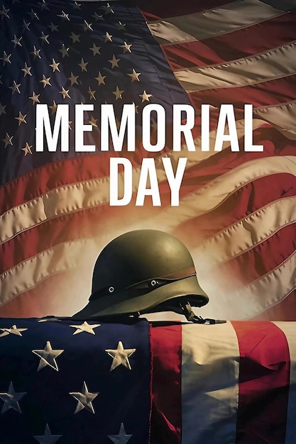 A poster for Memorial Day with a flag in the background