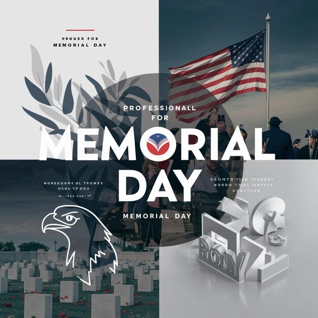 a poster for memorial day with a flag and a flag in the background