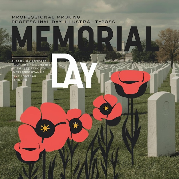 Photo a poster for memorial day with red flowers and a field of gravestone