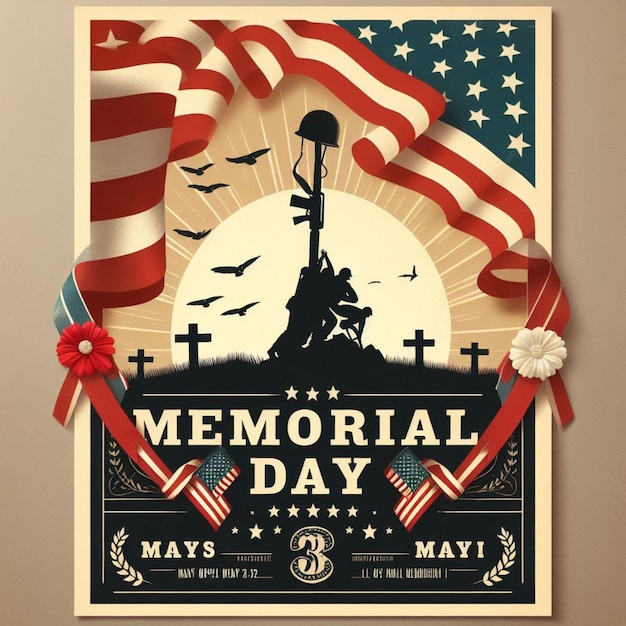 a poster for memorial day with a red ribbon around it