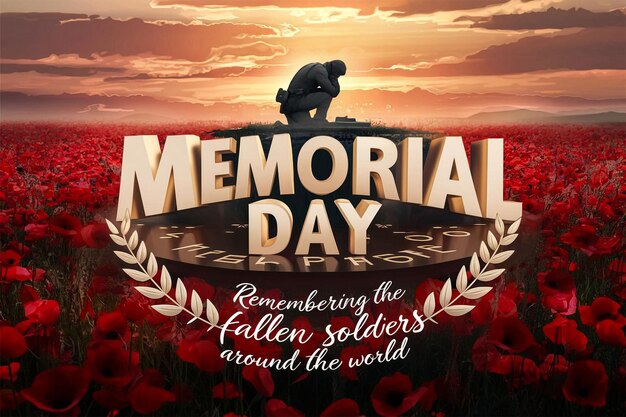 Photo a poster for memorial day with a silhouette of a man on a hill and a red poppy field behind it