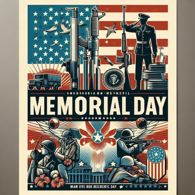 a poster for memorial day with a soldier and a flag and a flag