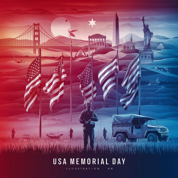 A poster for memorial day with a soldier standing in the grass and flags flying in the background