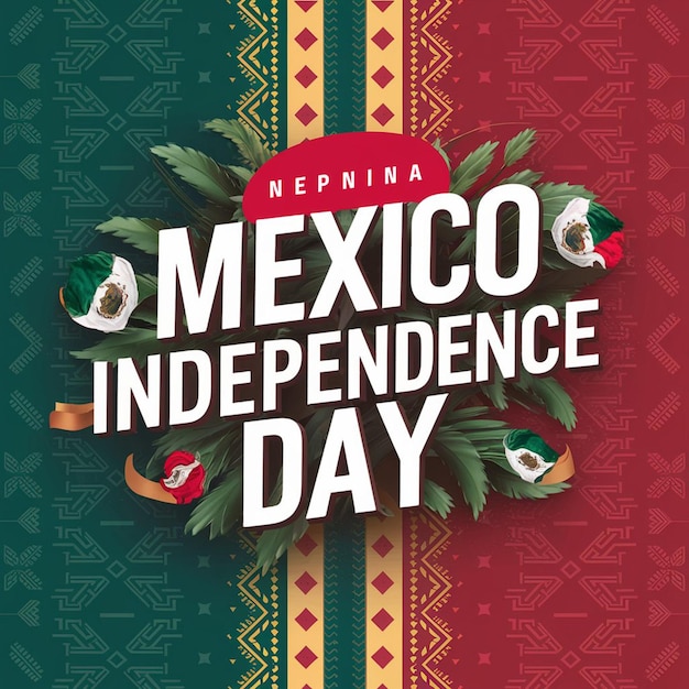 a poster for mexican independence day with a floral pattern and a green and red background