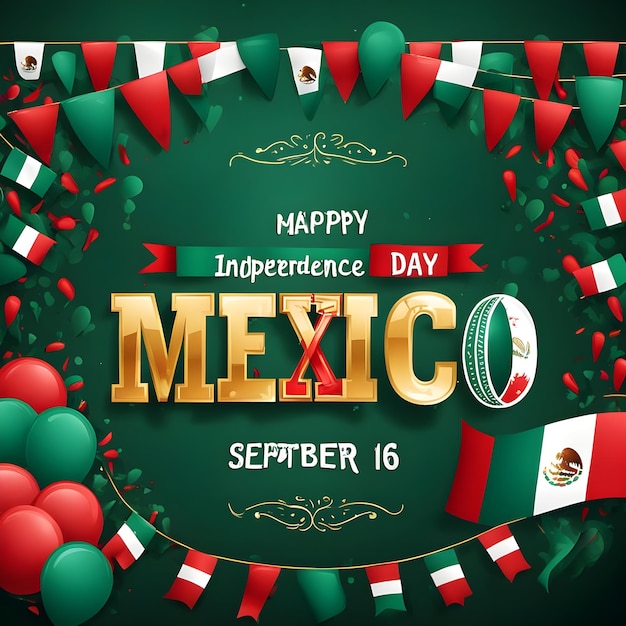 a poster for mexican independence day with a green background with a wreath and flags