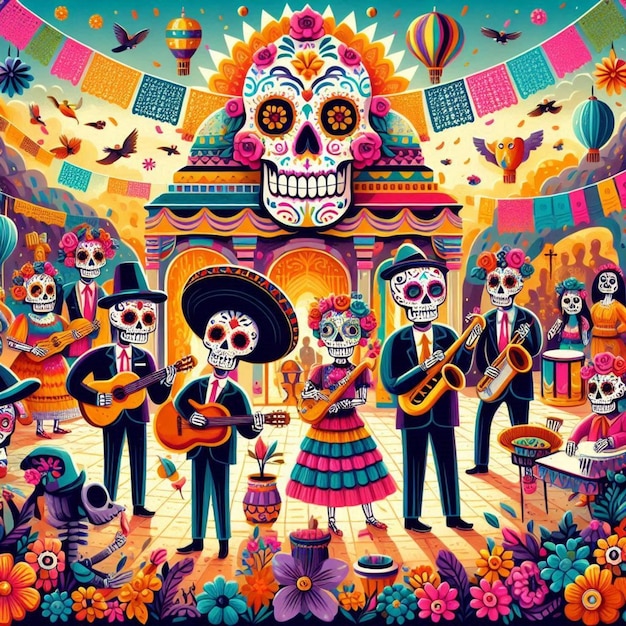 a poster of a mexican theme with a skull and flowers