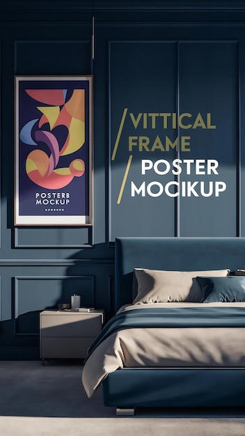 Photo poster mockup with vertical frame on empty dark blue wall in bedroom interior