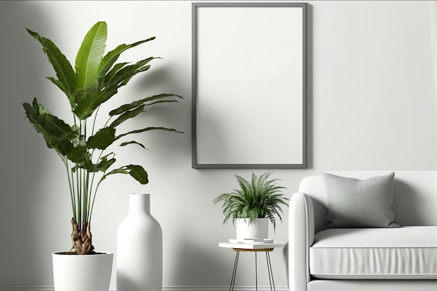 Poster mockup with vertical frame in living room simple home interior white wall Generative AI