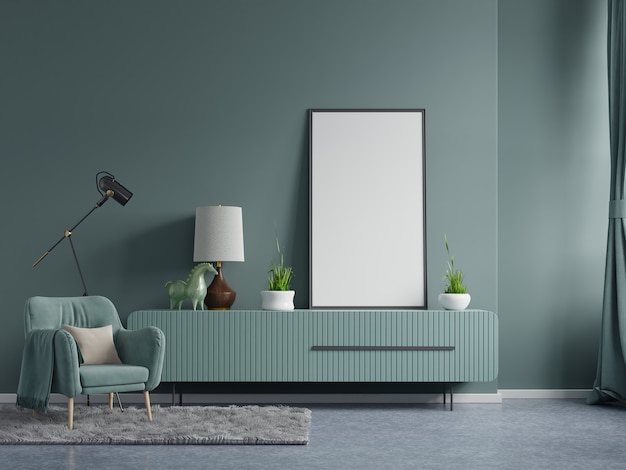 Poster mockup with vertical frames on empty dark green wall in living room interior with dark green velvet armchair.3D rendering