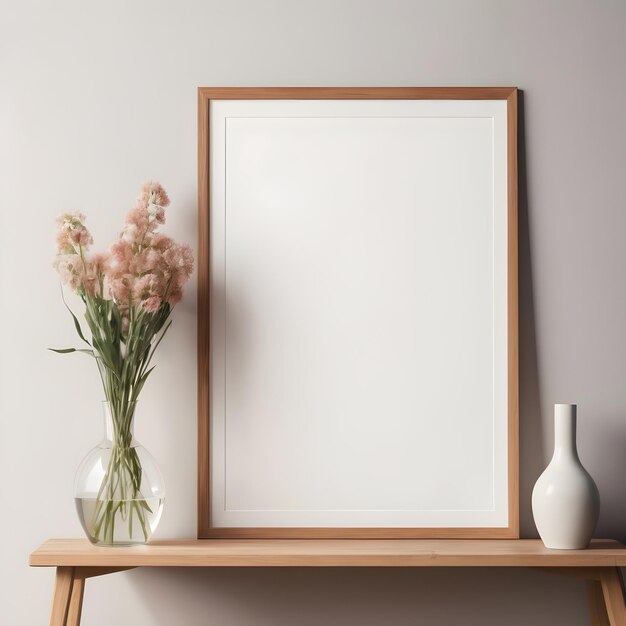 Poster mockup with vertical wooden frame in home interior background with flower vase and other deco