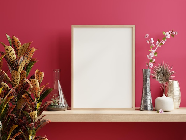 Poster mockup with vertical wooden frame in home interior on viva magenta wall background