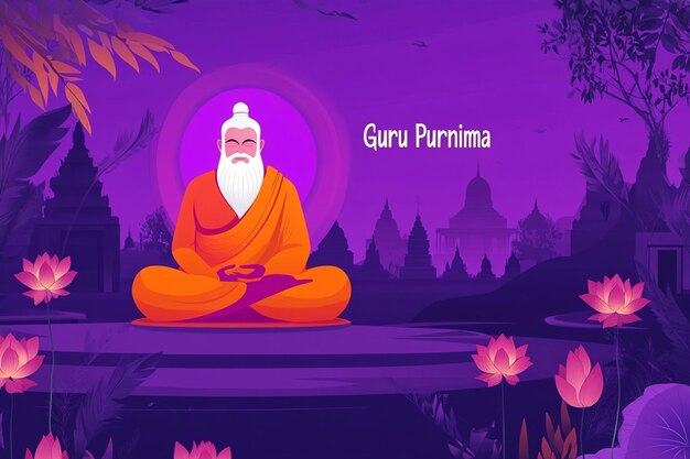 a poster of a monk with a purple background with a picture of buddha