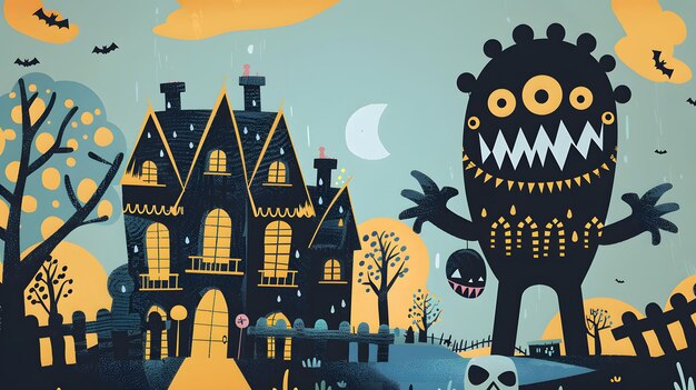 a poster for a monster with a black face and a yellow moon in the background