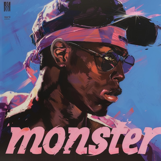 Photo a poster for monster with glasses and a purple shirt