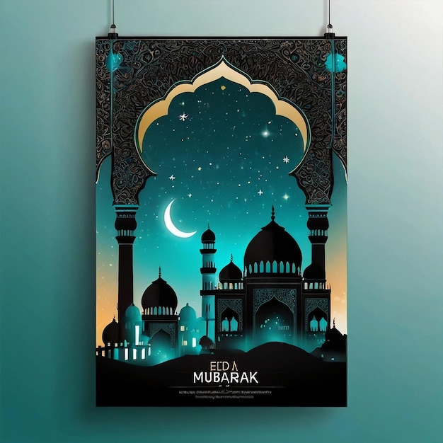 a poster for a mosque with a blue background and a moon and stars