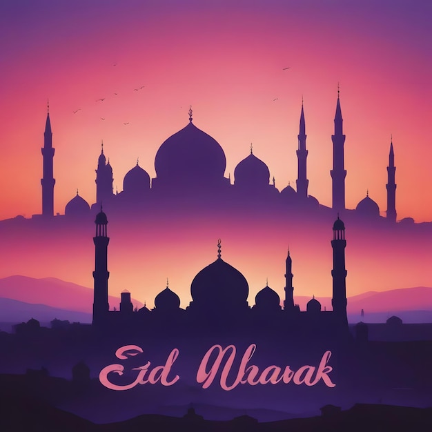 a poster for a mosque with a colorful background with a pink sunset