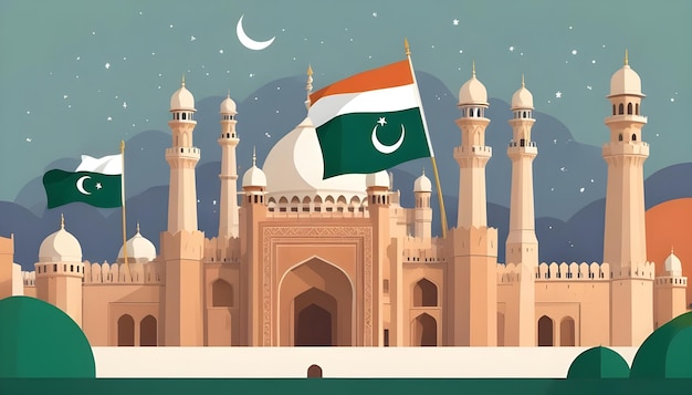 a poster of a mosque with a flag and a building with a moon on the top