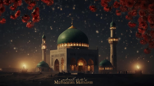 a poster for a mosque with a green dome and a blue dome