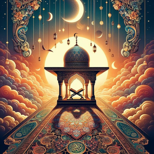 a poster for a mosque with a moon and a bird flying in the sky