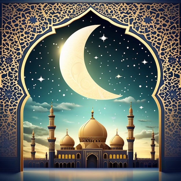 a poster for a mosque with a moon and a blue sky with clouds