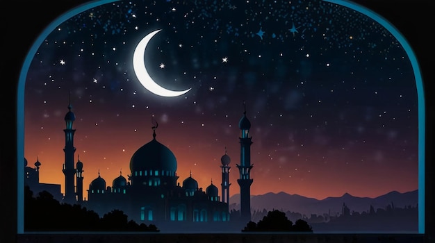 Photo a poster for a mosque with a moon and a moon in the background