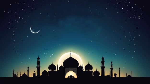 a poster for a mosque with a moon and stars in the background