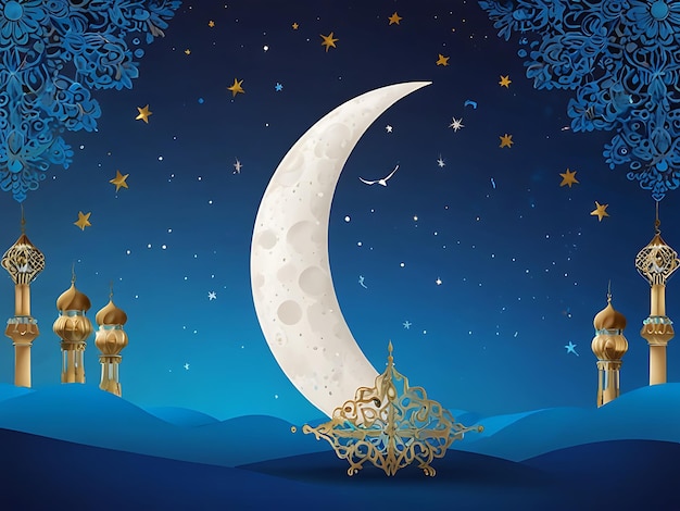 a poster for a mosque with a moon and stars in the background