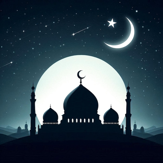 Photo a poster for a mosque with a moon and stars in the background