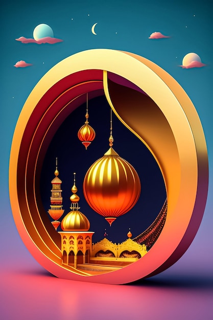 A poster for a mosque with a moon and stars Ramadan Mubarak