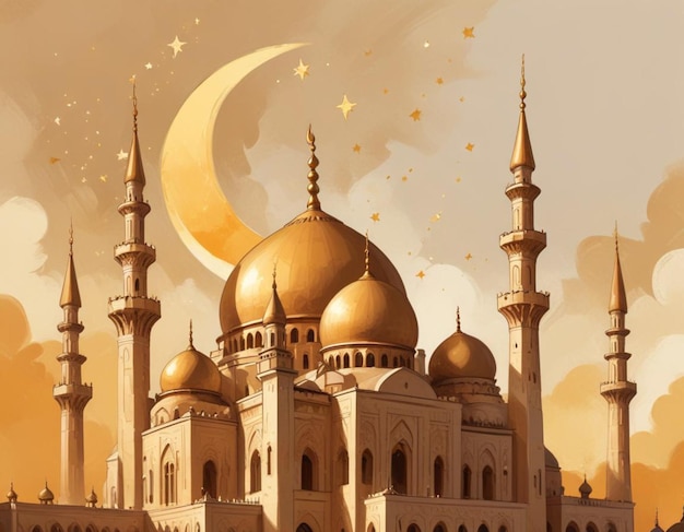 a poster for a mosque with a moon and stars