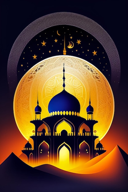 A poster for a mosque with a moon and stars.