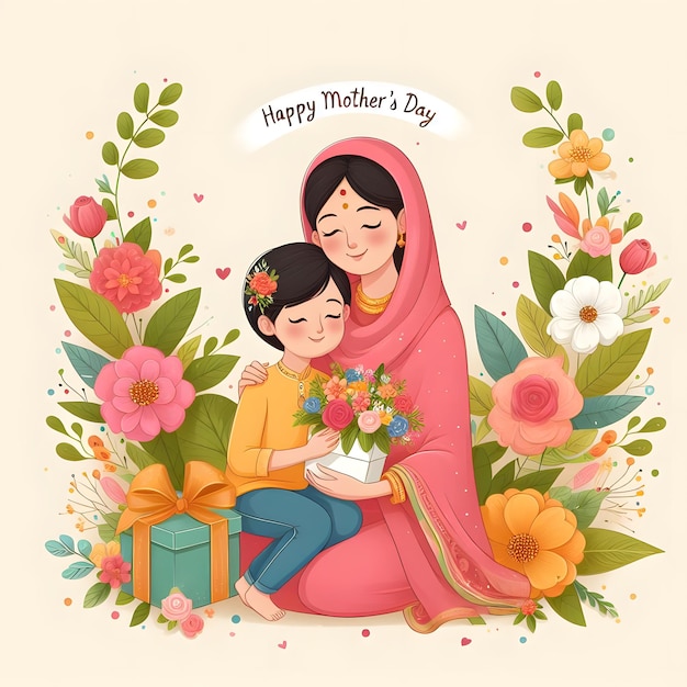 a poster for a mother and child with flowers and a card for mothers day