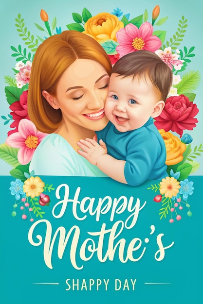 a poster for a mother and child with flowers and the words happy mothers day