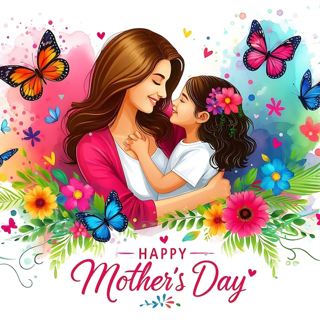 a poster of a mother and daughter with butterflies and flowers