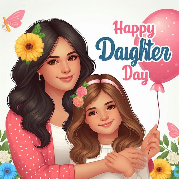 a poster for a mother and daughter with flowers and a balloon saying happy day