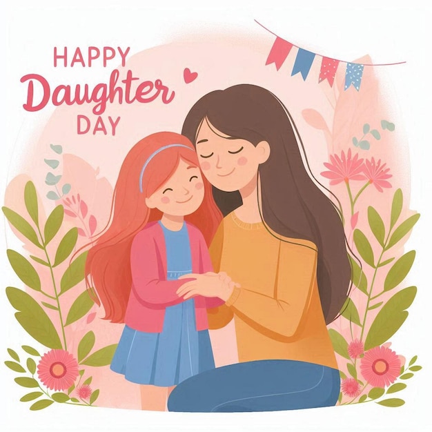 Photo a poster of a mother and daughter with flowers and a banner for happy mothers day