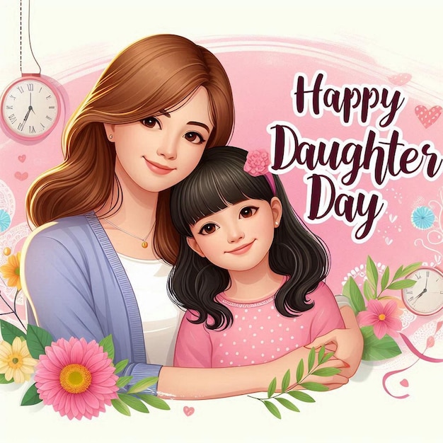 a poster for a mother and daughter with flowers and a clock saying happy day