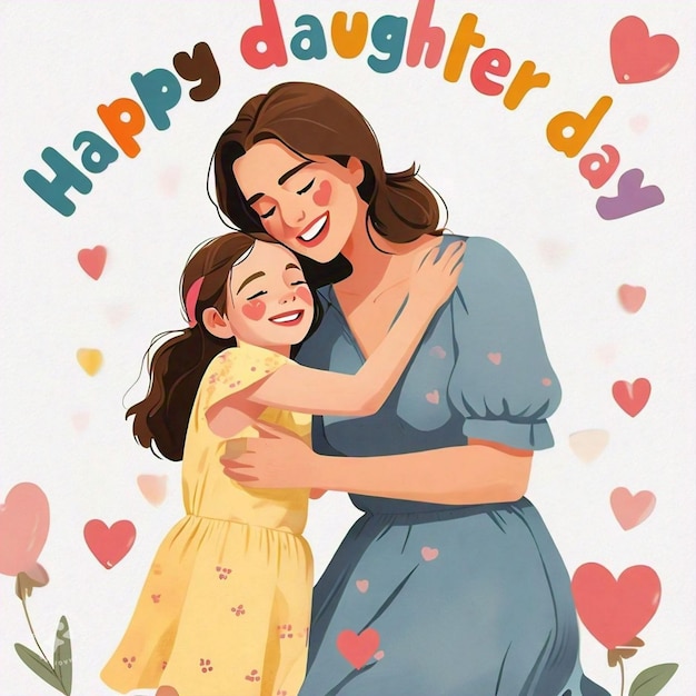 a poster of a mother and daughter with hearts and a happy smile