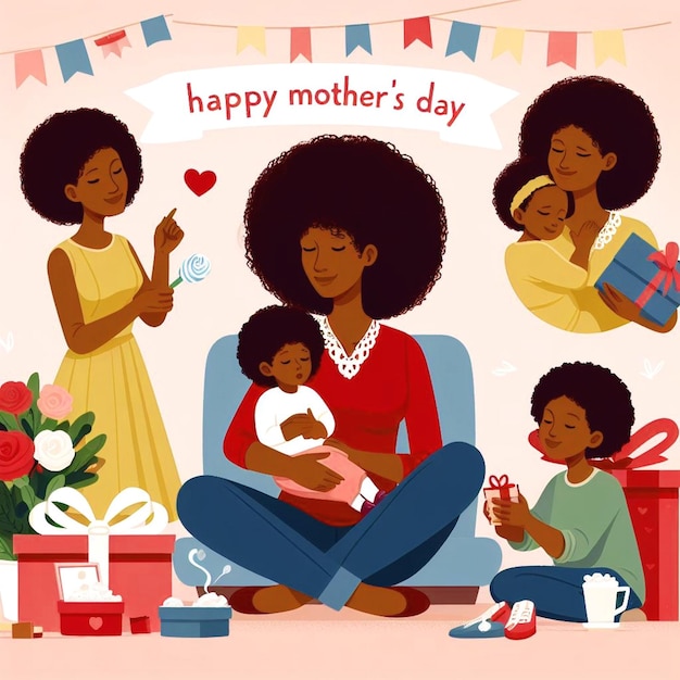 a poster for a mother and her children with a banner that says happy mothers day