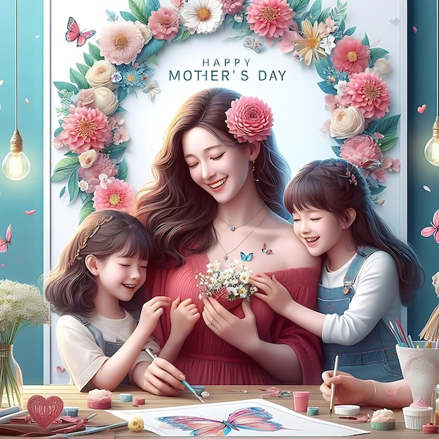 a poster for a mother and her children with flowers and a picture of a mother and her