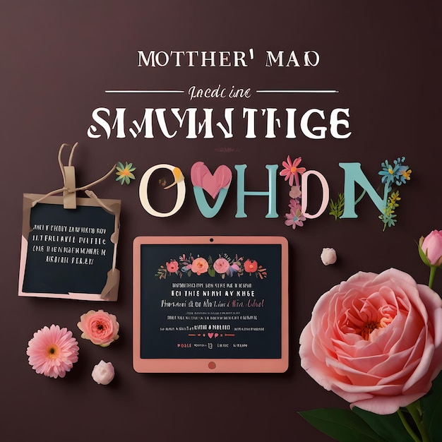 a poster for mothers day is displayed with a pink flower in the middle