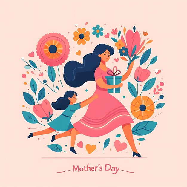 a poster for mothers day with flowers and a girl holding a pot of flowers