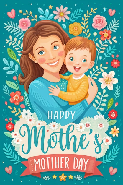 a poster for mothers day with a happy mother and her child