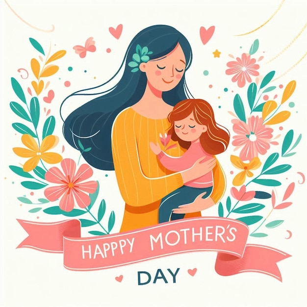 a poster for mothers day with a woman holding a baby and a banner that says happy mothers day