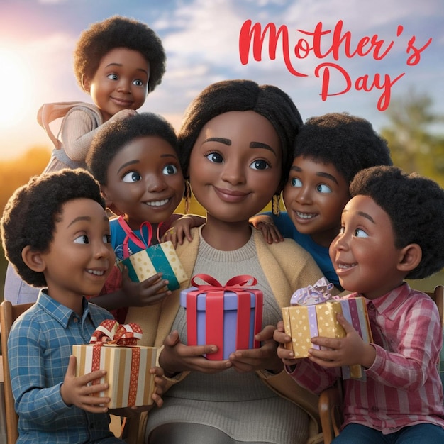 a poster for mothers day with a woman holding a box of gifts