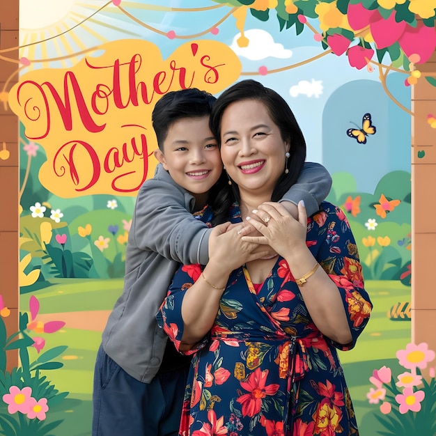 a poster for mothers day with a woman hugging her